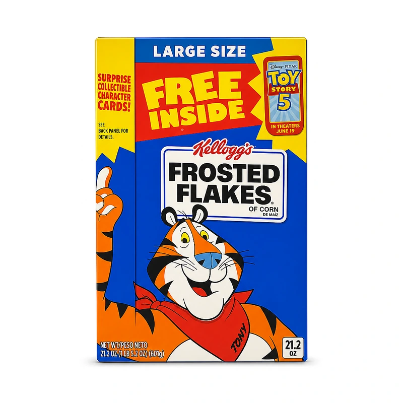 Kellogg's Hojuelas de Maíz Azucaradas, tamaño grande, empaque promocional Toy Story 5