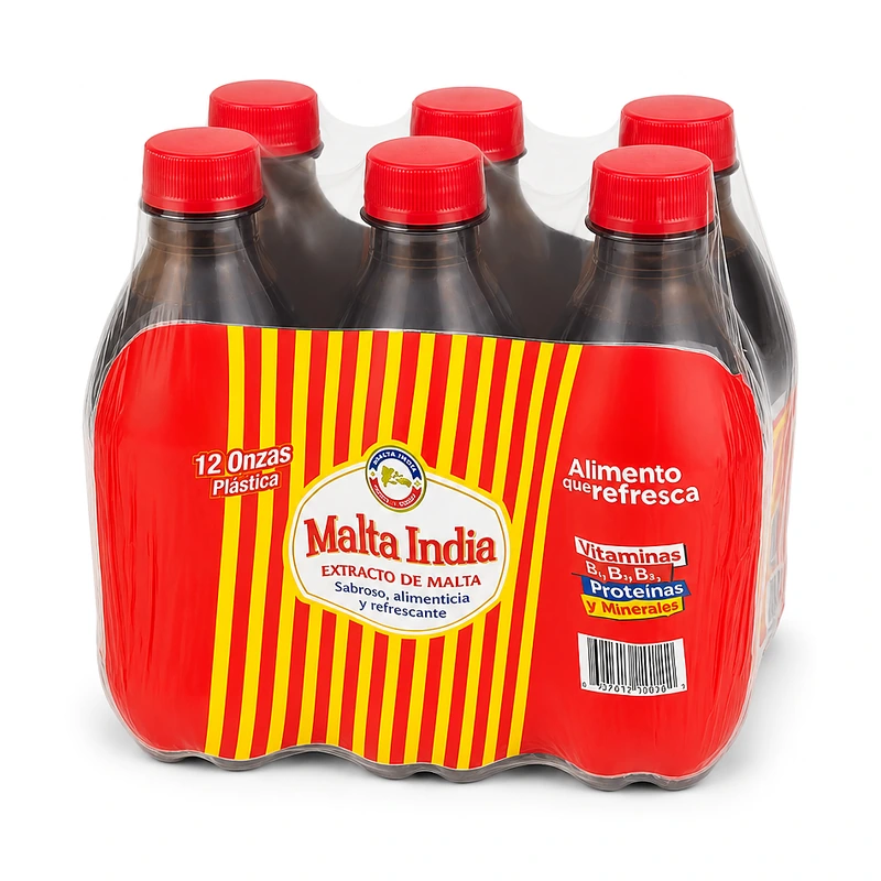 Malta India Bebida de Malta, botellas plásticas de 12 oz