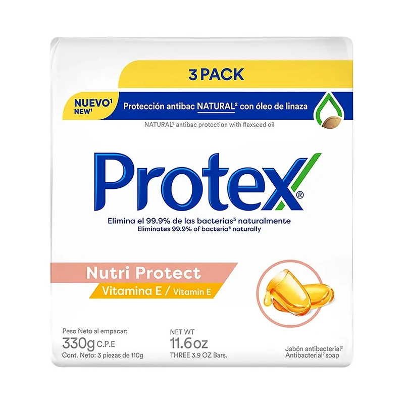 Protex Nutri Protect Glicerina + Vitamina E Jabón Antibacterial, paquete de 3, 330 g
