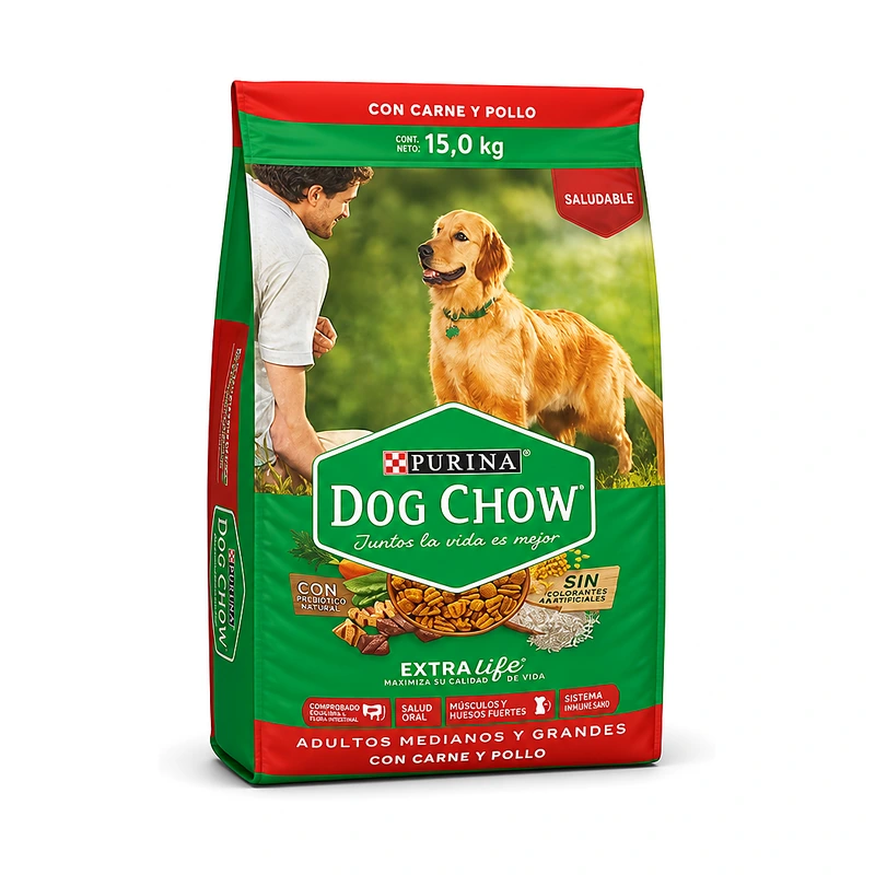 Purina Dog Chow ExtraLife Adultos Medianos y Grandes con Carne y Pollo, 15.0 kg