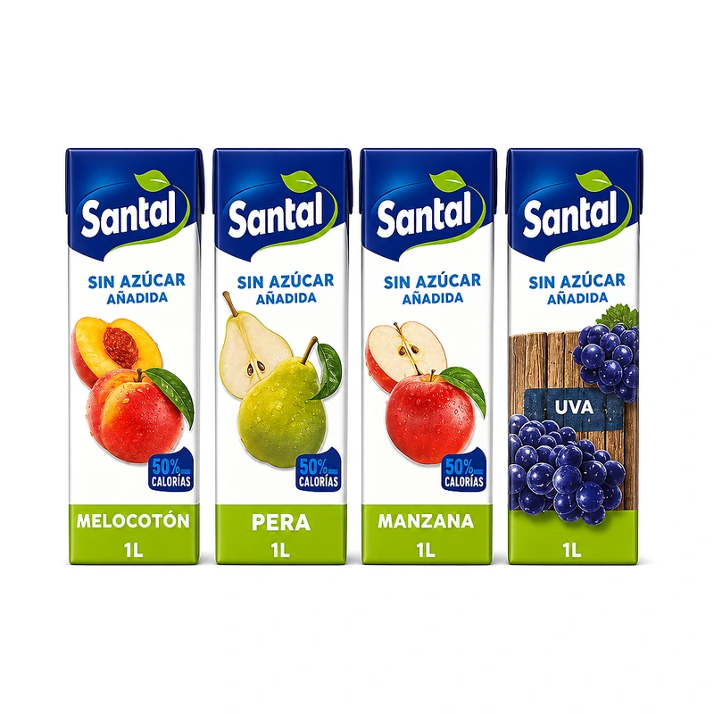 Santal Sin Azúcar Añadida, surtido de jugos: Melocotón, Pera, Manzana y Uva
