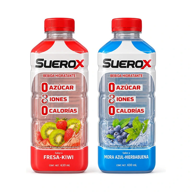 Suerox Bebida Hidratante sin Azúcar, surtido de Fresa-Kiwi y Mora Azul-Hierbabuena, 630 mL